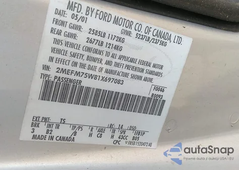 2001 Mercury Grand Marquis Ls from USA, damaged, VIN 2MEFM75W81X697083